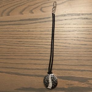 Medallion Necklace on black rope chord, 11” plus, Black, Silver, Rhinestones